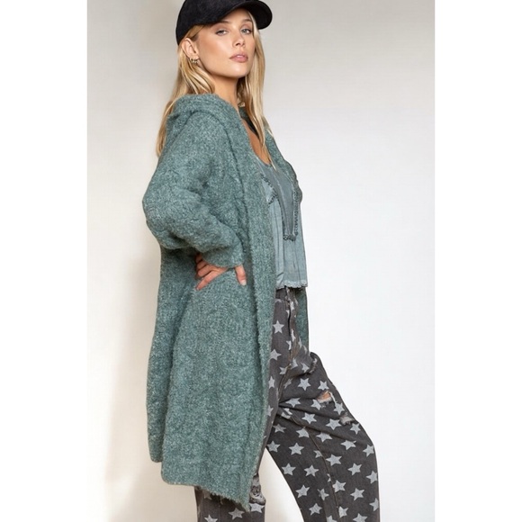 POL Jade Green Plush & Fuzzy Soft Knit Hooded Long Cardigan Solid Color - Picture 4 of 6